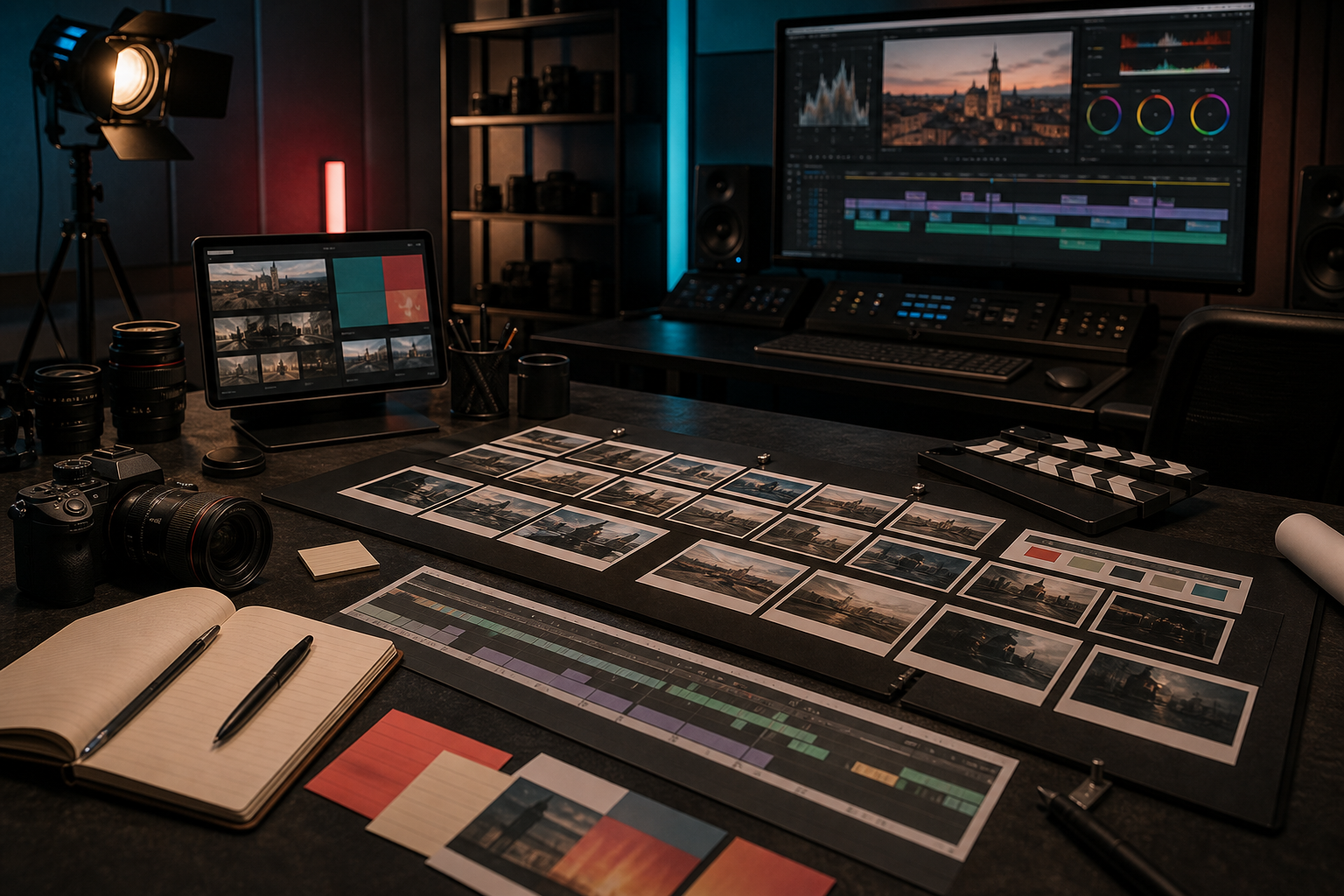 Set di produzione video con attrezzatura di ripresa e illuminazione
